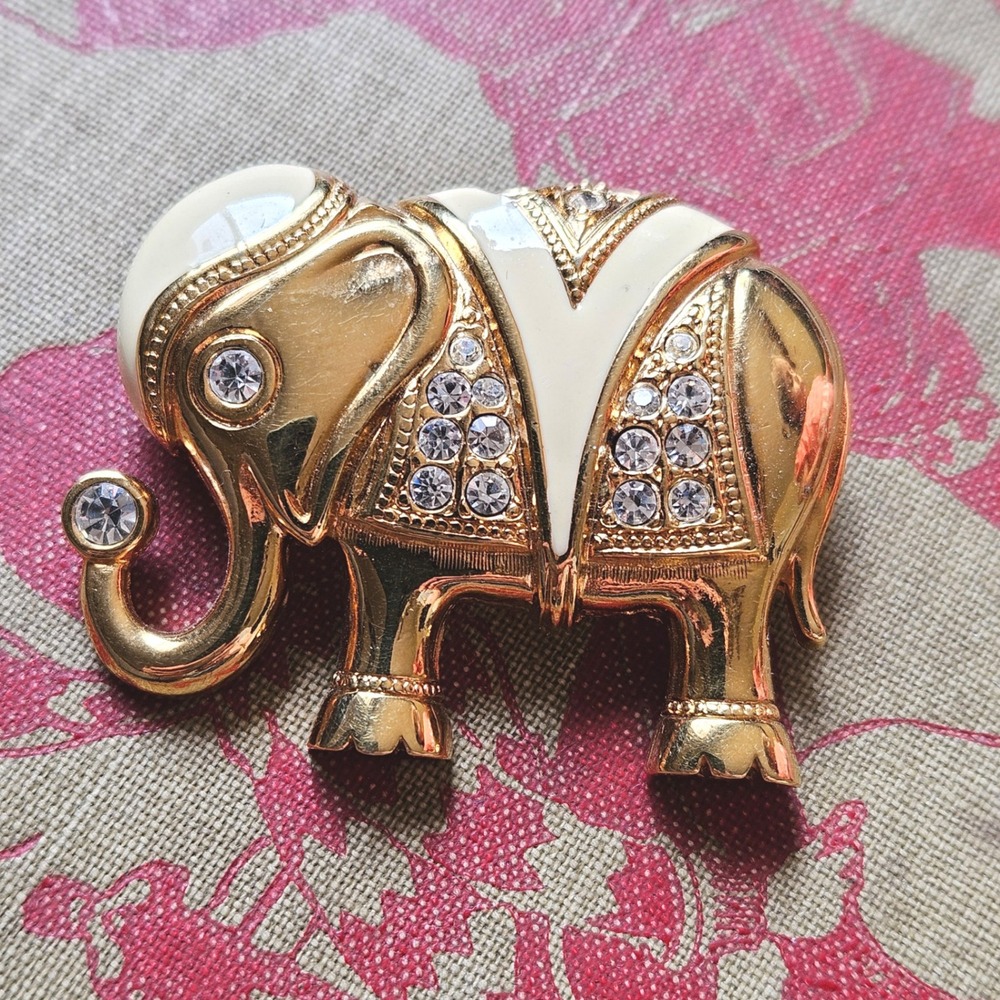 Vintage KJL for Avon Elephant Brooch Gold Tone Enamel Rhinestone Pendant Combo